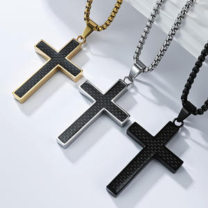 <b>Titanium</b> Steel Cross Necklace Carbon Fiber Inlay Street Style Men's Pendant Fashion Jewelry Trendy Design - Product Image 1