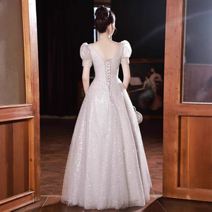 Silver Gray Sequined Evening Gown Square Collar Natural Waistline Princess Dress For Coming Of Age Ceremony - Product Image 4