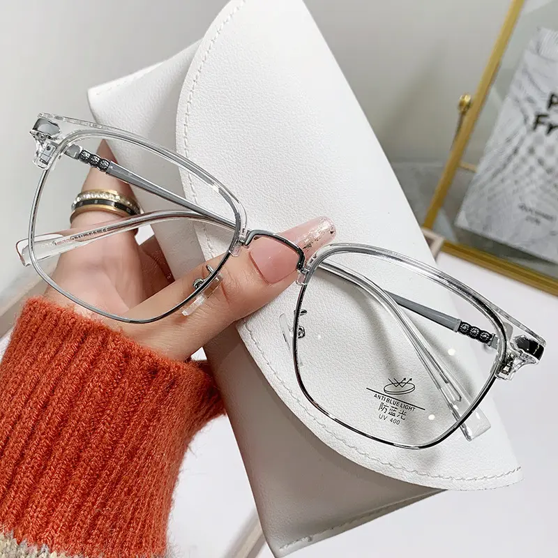 Trend 2024 Half-Frame Transparent Grey Anti Blue Light Prescription Metal Eyeglasses Frames