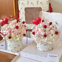 Kit de boîte à fleurs avec 4 rubans, 2 poignées, 1 plaque de base, boîte pliable de style gâteau pour emballage de bouquet, imprimé nœud crème rose, 19x19x20cm