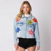 Veste en jean pour femme style western cowboy avec broderie florale, coupe boyfriend, vintage, style hip-hop