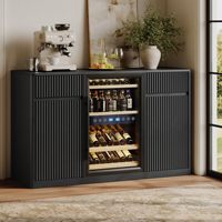 Meuble bar multifonctionnel en bois massif rainuré avec fente pour réfrigérateur, porte-bouteilles et porte-verres, station de charge pour bar à domicile