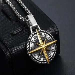 New Retro Personality Round Compass Sailing Cross Pendant Charm High Quality Stainless Steel Necklace For Men
