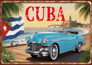 Fondo de Cuba, Habana, Bandera Cubana, Coche Azul Clásico Vintage, Palmeras, Decoración para Fiestas en Cuba, Habana, Pancarta - Product Image 2