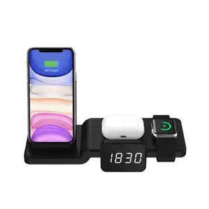 trending on 2023,4 IN1 Wireless Charge Dock Station for iWatch SE 7 headphones with time display