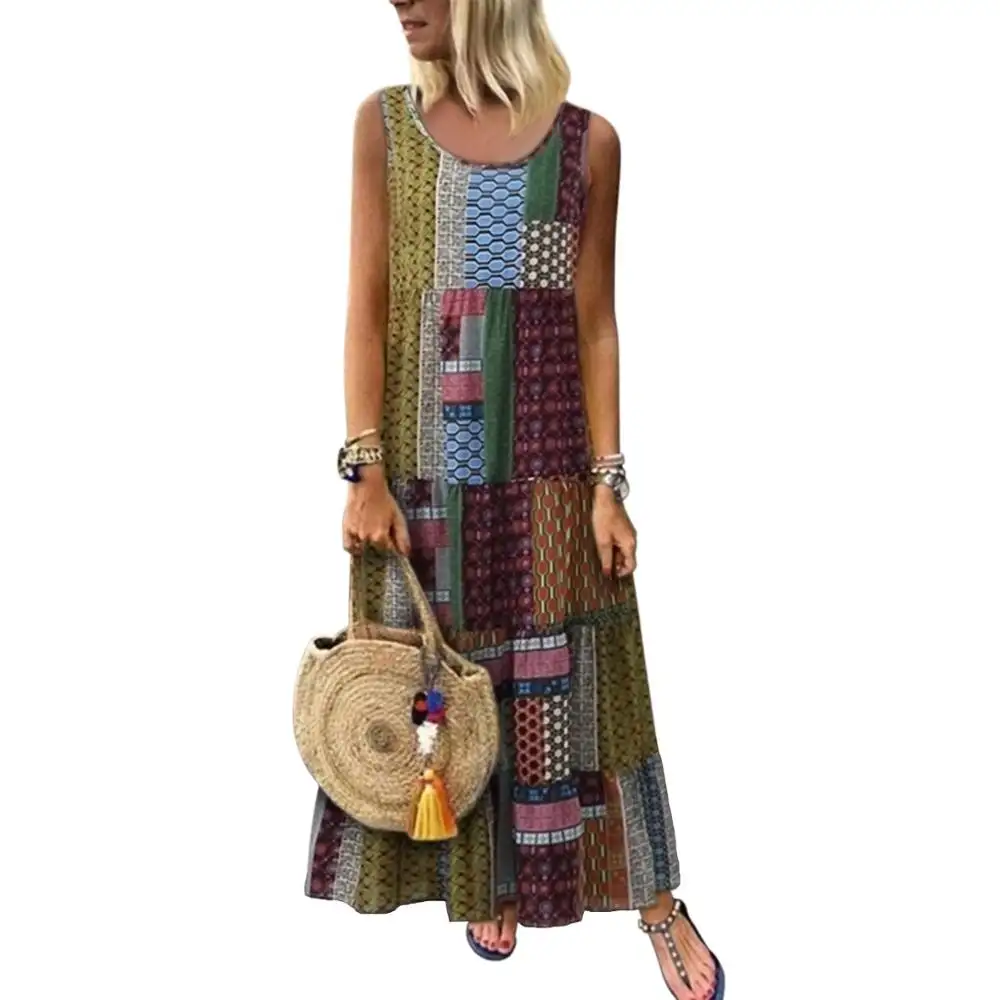 Vrouwen Kleding Zomer Print Losse Casual Linnen Bohemian Stijl Jurk