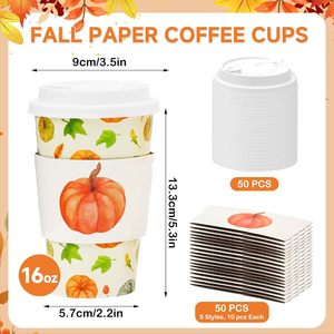 Tasses à café jetables 16 oz biodégradables sur le thème de l'automne Couvercles à encliqueter Citrouille Épice Latte pour Halloween Thanksgiving Automne - Product Image 2