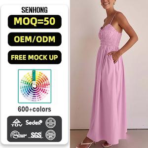 Vestido Largo Casual de Tirantes Finos con Cintura Ajustada y Volantes en el Busto, Estilo Elegante para Oficina, Color Sólido, Venta al Por Mayor Personalizada - Product Image 2