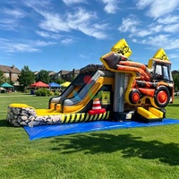 Structure gonflable commerciale de construction pour enfants : Maison de jeu, excavatrice, bulldozer et toboggan combinés pour les anniversaires de garçons et la location événementielle