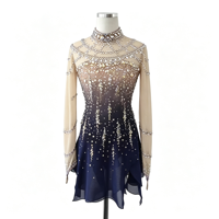 Robe de patinage artistique bleu marine dégradé à col montant et manches longues, entièrement ornée de strass, dos ouvert, pour concours de danse sur glace