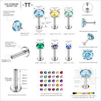 Piercing en Titane ASTM F136 G23 Plaqué Or/Argent avec Zircon, à Filetage Interne, pour Lèvre, Labret, Boucles d'Oreilles, Clous de Lèvre, Tragus