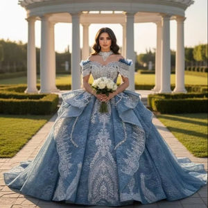 ชุดเดรสงาน Quinceanera สีน้ำเงินทรงเอไลน์แบบเปิดไหล่ ประดับด้วยลูกปัดและโบว์ รุ่น Xss05-5 - Product Image 1