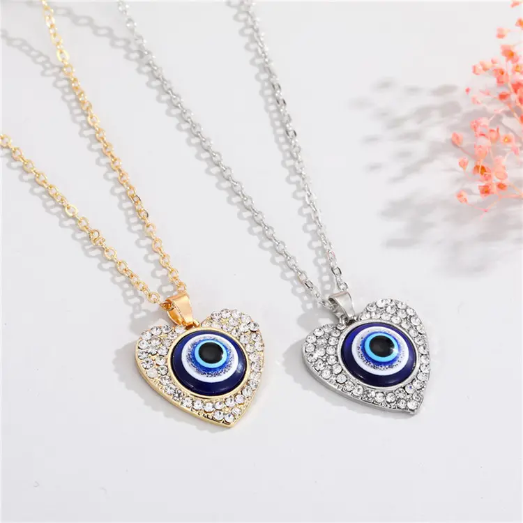 Customized Blue Eye Pendant Crystal Diamond Heart Necklace Gold Necklace Jewelry