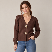 Großhandel Damen V-Ausschnitt Strickjacke mit Geripptem Saum und Goldknöpfen Herbst Winter Oberbekleidung Langarm Eleganter Pullover