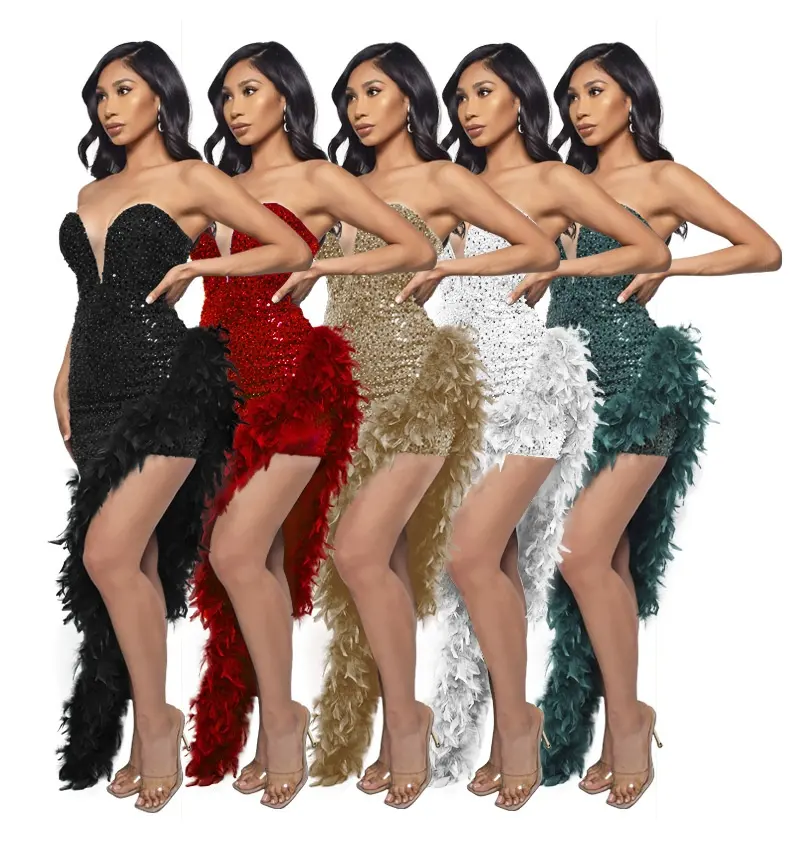 RHG Drop Shipping Sparkly Women Strapless Sequin Feather Gown Beaded Ruffle High Slit Mermaid Birthday Formal Evening Prom Dress