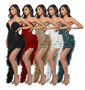 RHG Drop Shipping Sparkly Women senza spalline con paillettes abito di piume con perline Ruffle High fessura sirena compleanno abito da sera formale da ballo - Product Image 1