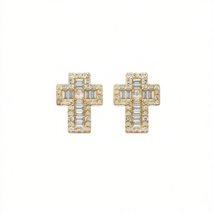 Orecchini a croce in oro bianco con cristalli taglio smeraldo e strass incastonati a canale, gioielli religiosi unisex, idea regalo. - Product Image 1