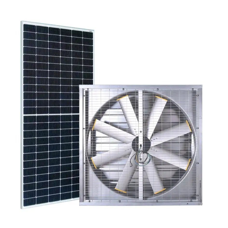 Extractor de pared cuadrada de circulación de aire de invernadero para granjas ganaderas, aspas de ventilador de aluminio, ventilador de ventilación de CC de energía solar de 440W