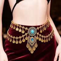 Chaîne de taille ethnique bohème en métal incrusté de turquoise, multi-pendentifs, bijou de taille, ceinture décorative pour danse folklorique, séance photo et scène