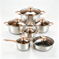 Ensemble de casseroles FLEY en acier inoxydable 12 pièces, poignées plaquées or, fond à 5 couches, couvercles en verre, marmite, casserole à lait, poêle à frire, ustensiles de cuisine
