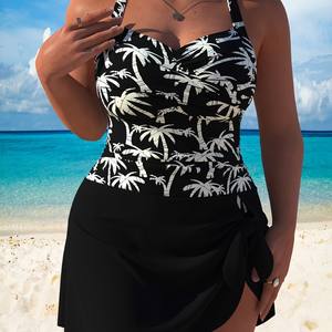 Traje de baño de una pieza de talla grande para mujer, con cuello halter cruzado, efecto adelgazante, ropa de playa, vestido de baño negro, moda de verano - Product Image 2
