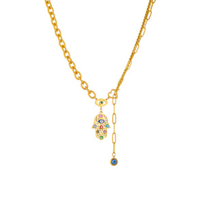 Gold Plated Hamsa Hand Necklace With Evil Eye Pendant Stainless Steel Chain Unisex Jewelry Gift Set - Product Image 4