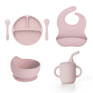 Bavoir en plastique et silicone sans Bpa cuillère à ventouse bol assiette cuillère tasse ensemble d'alimentation pour enfants bébés