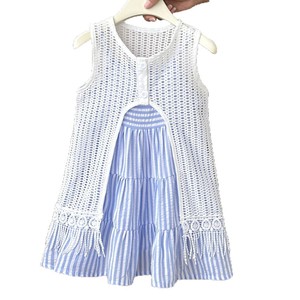 Nouvelle Collection Été : Ensemble Deux Pièces pour Filles – Cardigan Ajouré et Robe Camisole Rayée Sans Manches, Tenue Enfant - Product Image 3