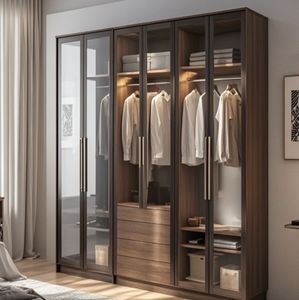 Organiseur de vêtements sur mesure pour armoire, laque imitation bois, stratifié mélaminé, meuble de chambre à coucher avec éclairage LED - Product Image 5