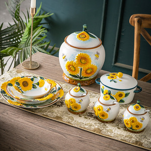 Juego de Platos y Tazones de Cerámica con Diseño de <span class=keywords><strong>Girasol</strong></span>, Pintados a Mano, Estilo Retro de Lujo Ligero para Sala de Estar - Product Image 3