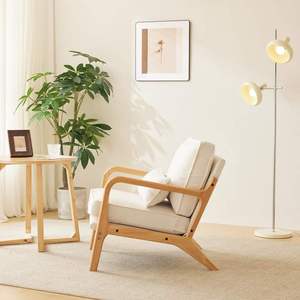 Mid Century Modern Home <b>Accent</b> <b>Chair</b> with Lumbar Pillow Natural White Linen Fabric for Dining Bedroom Lounge Living Room Use - Product Image 5