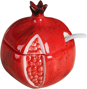 Tarro de miel de porcelana rojo granada vintage para decoración de cocina única - Forma de granada y cerámica de porcelana - Product Image 1
