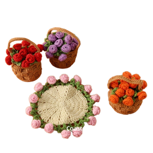 Dessous de verre en <span class=keywords><strong>laine</strong></span> crochet fait à la main avec des fleurs roses, cadeau créatif, tissage, bouquet de fleurs fini, nouveauté, idée cadeau - Product Image 1