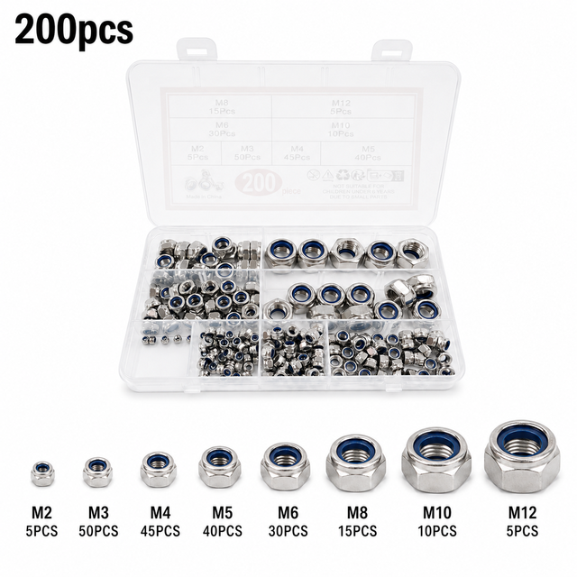 200PCS Stainless Steel Hexagon Nylon Lock Nut M2 M3 M4 M5 M6 M8 M10 M12 Self Locking Nut DIN985