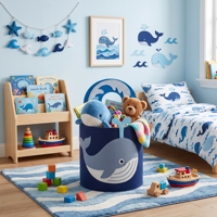 Panier de rangement pour jouets en feutre GRS RPET bleu marine à motif de vague de baleine, design personnalisé OEM, organisateur de chambre d'enfant, usine certifiée BSCI