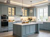 Ensemble d'armoires de cuisine en bois massif gris de style shaker américain, design personnalisé en usine, finition dorée brossée, armoire moderne de luxe