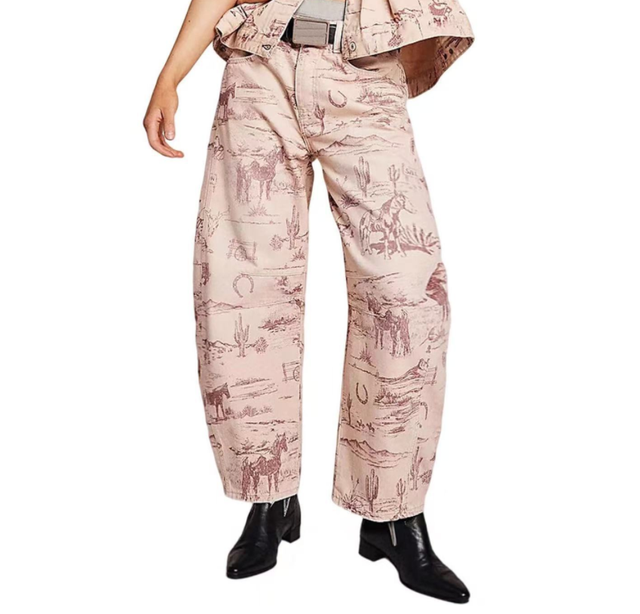 Western Style Paisley Printed Pantalones De Mezclilla Denim Pants Women Boyfriend Tube Leg Baggy Barrel Jeans Cowgirls