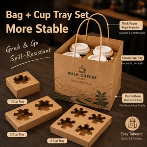 ถาดกระดาษบรรจุภัณฑ์เครื่องดื่มเย็น ชานม กาแฟ แบบหลายถ้วย ทนทาน ใช้ซ้ำได้ พร้อมถุงกระดาษคราฟท์แบบก้นแบนสำหรับใส่กลับบ้าน - Product Image 1