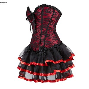 Plus Size 5XL 6XL Big Busty Ladies Gothic Korset Faldas Set Red Maduras Mujeres Corsé Vestido Malla Bustier Con 6 Busks - Product Image 3