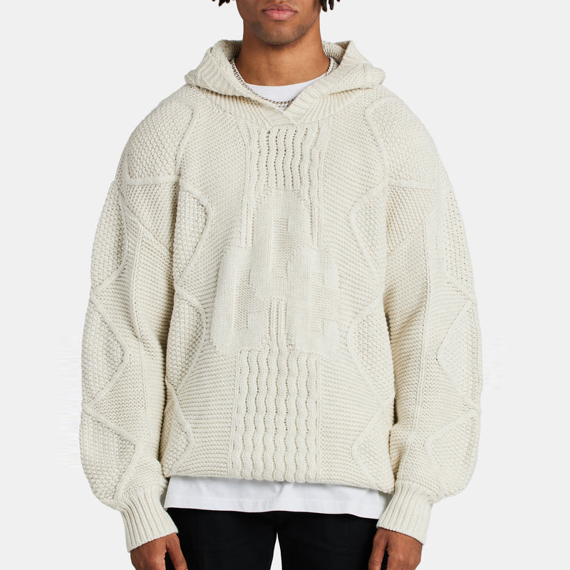 High Quality Fashionable Winter Plain Chunky Cable Knit Cotton Hoodie Men Custom Logo Hooded Sweater