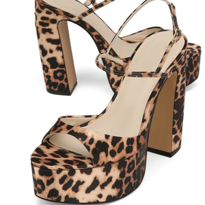 Sandales à plateforme à talons épais et hauts pour femme, à bout carré ouvert, à imprimé léopard, avec bride de cheville, pour l'extérieur, printemps-été, style habillé - Product Image 4