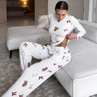 Pyjama de Noël QINSI pour femme, ensemble deux pièces à manches longues, imprimé ours côtelé et nœuds, vêtements d'intérieur pour le printemps
