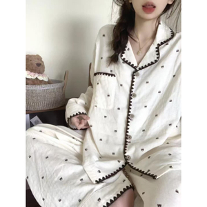 Frühlings-Pyjama für Damen aus Wolkenbaumwolle mit Langen Ärmeln, Kleinem Revers und Hose - Lässige Hauskleidung Pyjama-Set - Product Image 6
