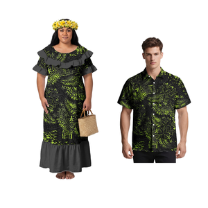 Conjunto de Camisas Unisex con Estampado Tropical de Poliéster, Estilo Samoano, para Parejas, Fiesta Hawaiana, Graduación, Manga de Pétalo, Atuendo Tribal Polinesio para Mujer - Product Image 4