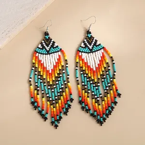 Handmade Colorful Rice Beads Chandelier Earrings With Tassel Jewelry For Women And Girls