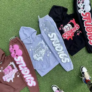 Set Hoodie dan pelari jogging pria 100% katun Perancis Terry puff cetak Hoodie produsen Hoodie potong celana olahraga dan Set Hoodie