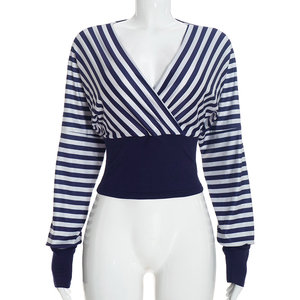 Viviblook J26TP416 – pull à col en v pour femme, haut rayé avec patchwork aux épaules et à la taille, nouvelle collection automne - Product Image 1