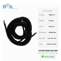 Câble spiralé anti-torsion OEM SVT 18AWG 3 conducteurs en PVC noir OD6.4mm, 4.5M, extrémité nue, pour équipement industriel et médical