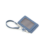 Porte-cartes rétractable en cuir PU bleu denim avec logo personnalisé Yoyo Reel et cordon de poignet