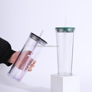 Wholesale <strong>Bulk</strong> 24 oz Reusable Boba Cup <strong>Double</strong> <strong>Wall</strong> <strong>Clear</strong> Insulated Bubble Tea Cup <strong>Plastic</strong> Acrylic Snow Globe <strong>Tumbler</strong> with Straw - Product Image 3